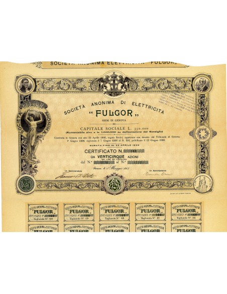 1907 - FULGOR - SOC. ANONIMA DI ELETTRICITA' 25 AZIONI - GENOVA