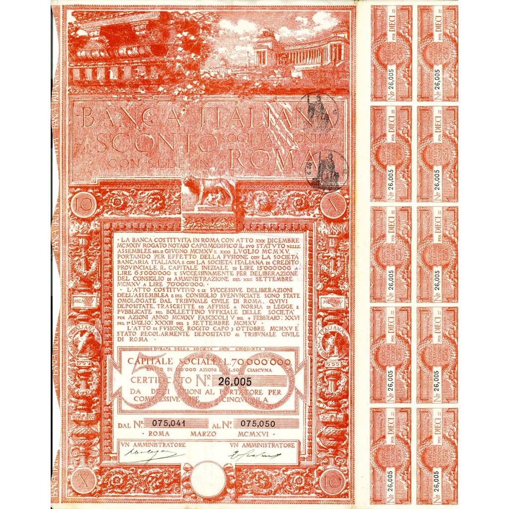1916 - BANCA ITALIANA DI SCONTO - 10 AZIONI - ROMA
