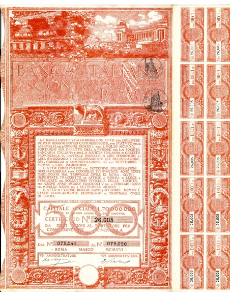 1916 - BANCA ITALIANA DI SCONTO - 10 AZIONI - ROMA