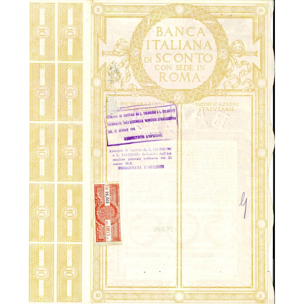 1916 - BANCA ITALIANA DI SCONTO - 10 AZIONI - ROMA
