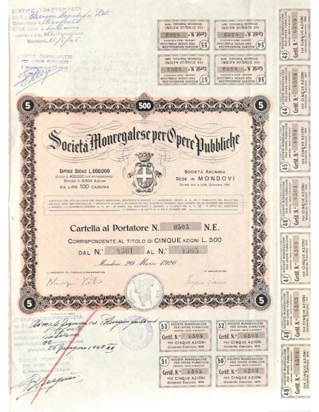 SOC. MONREGALESE PER LE OPERE PUBBLICHE - 5 AZIONI MONDOVI' 1926