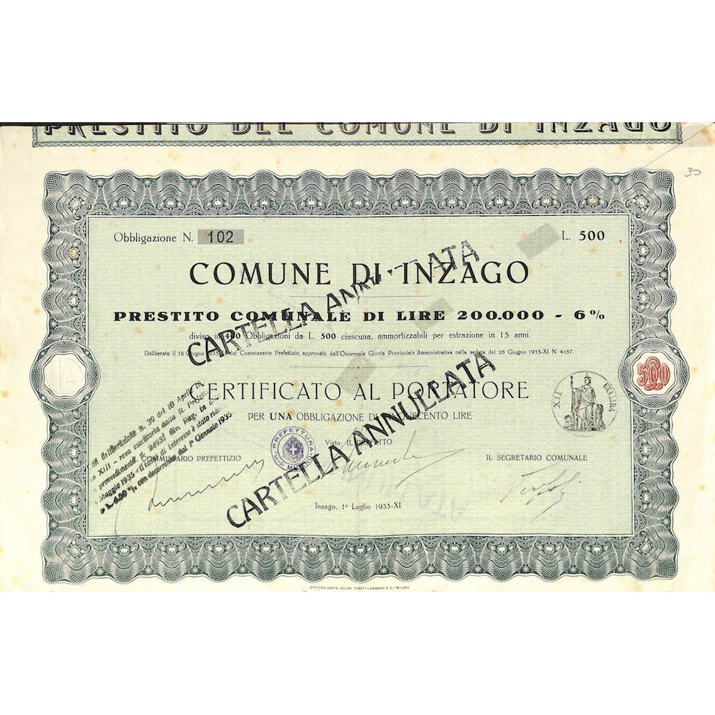 COMUNE DI INZAGO - UNA OBBLIGAZIONE 1933