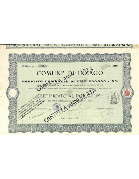 COMUNE DI INZAGO - UNA OBBLIGAZIONE 1933