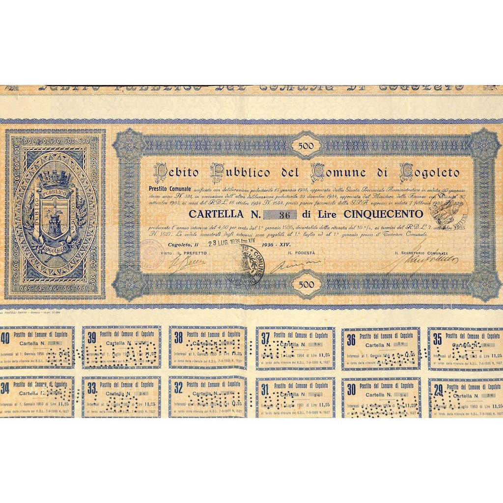 DEBITO PUBBLICO DELLA CITTA' DI COGOLETO - 1 CARTELLA 4,50% - 1936