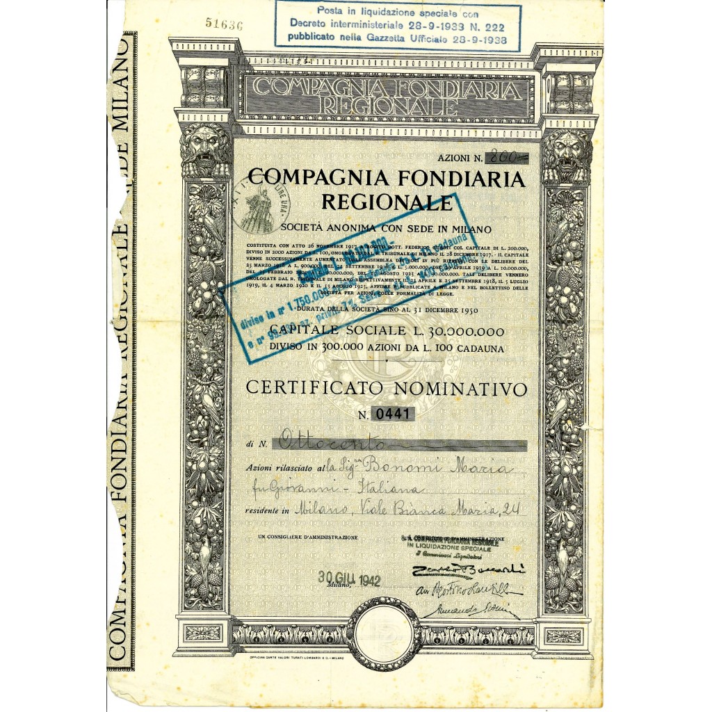 1942 - COMPAGNIA FONDIARIA REGIONALE - 800 AZIONI - MILANO