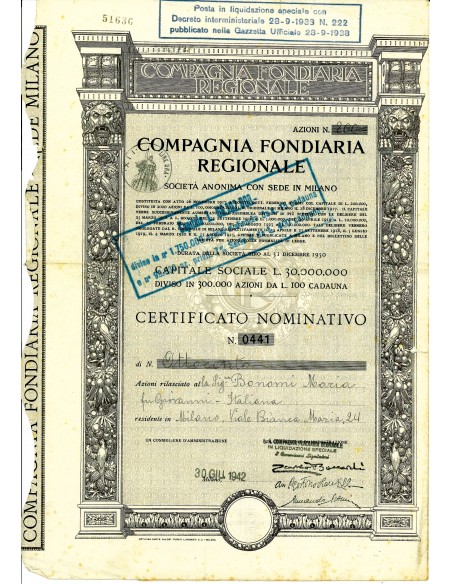 1942 - COMPAGNIA FONDIARIA REGIONALE - 800 AZIONI - MILANO
