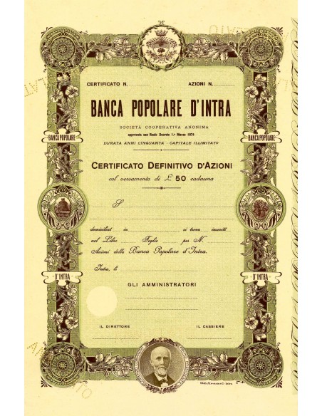 1874 - BANCA POPOLARE D'INTRA - AZIONE DI FONDAZIONE - INTRA