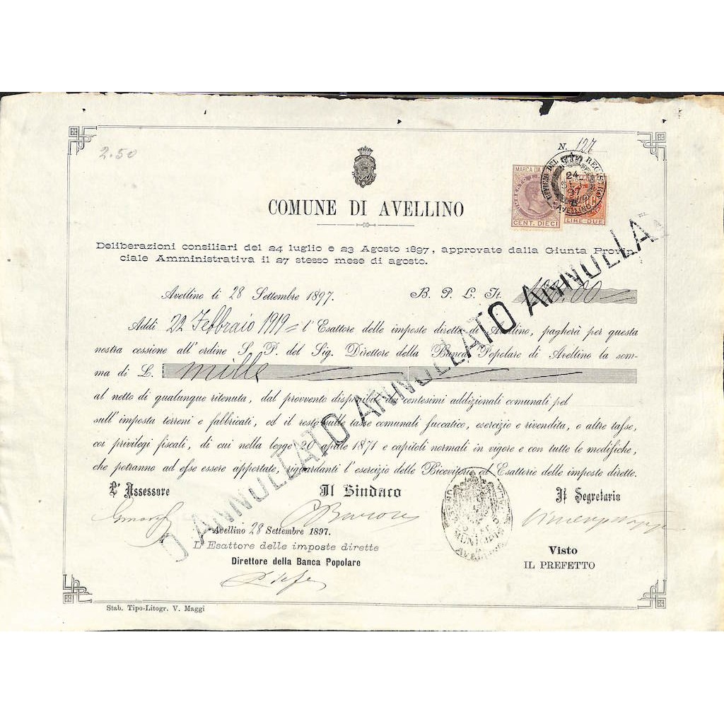 COMUNE DI AVELLINO - CESSIONE DI LIRE 1000 - 1897