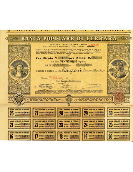 1926 - BANCA POPOLARE DI FERRARA - 25 AZIONI - FERRARA