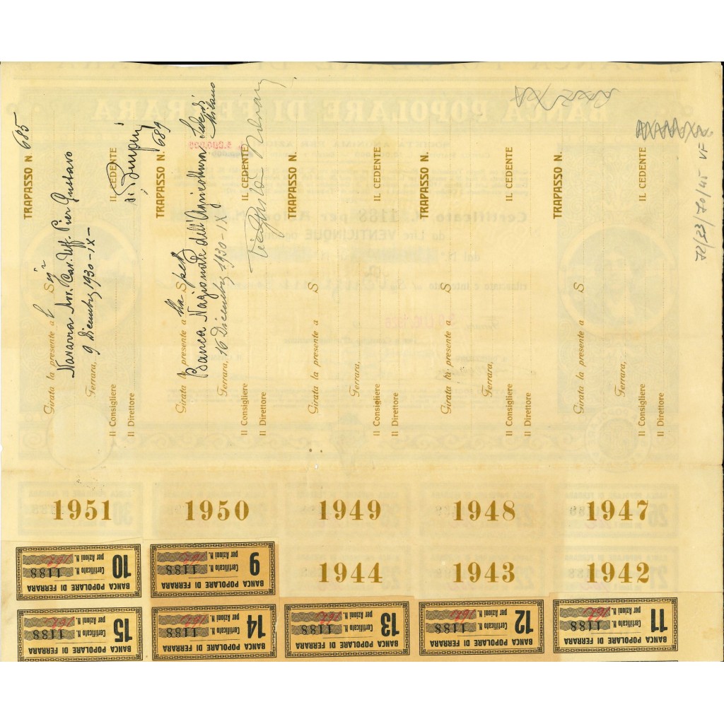 1926 - BANCA POPOLARE DI FERRARA - 25 AZIONI -...