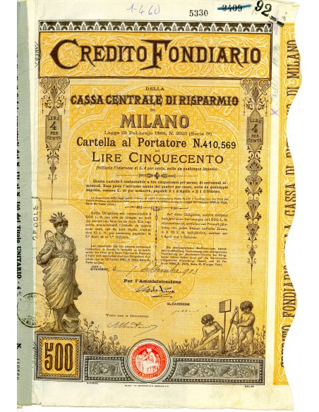 1903 - CREDITO FONDIARIO DELLA CASSA CENTRALE DI RISPARMIO DI MILANO - LIRE 500