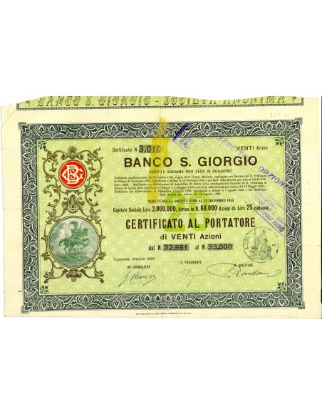 1922 - BANCO S. GIORGIO - 20 AZIONI dI LIRE 25 - CUGGIONO