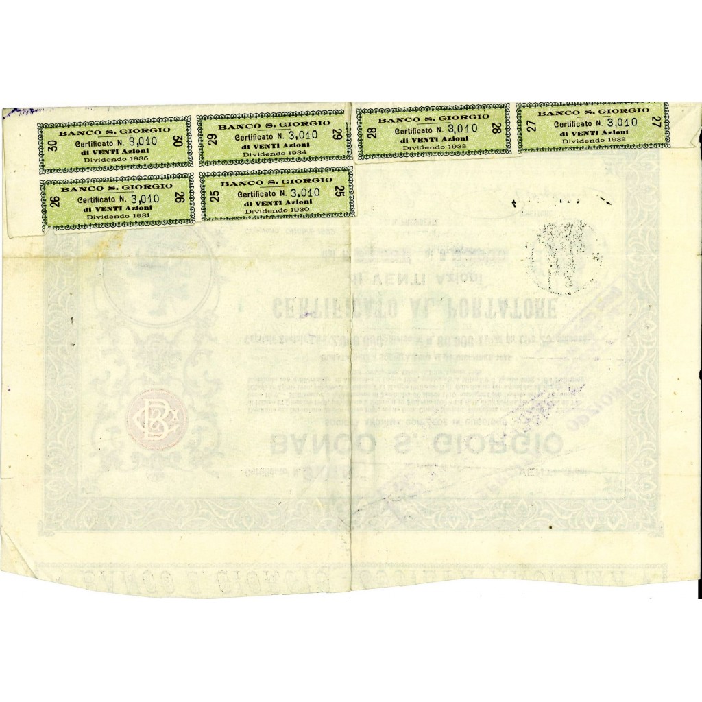 1922 - BANCO S. GIORGIO - 20 AZIONI dI LIRE 25...