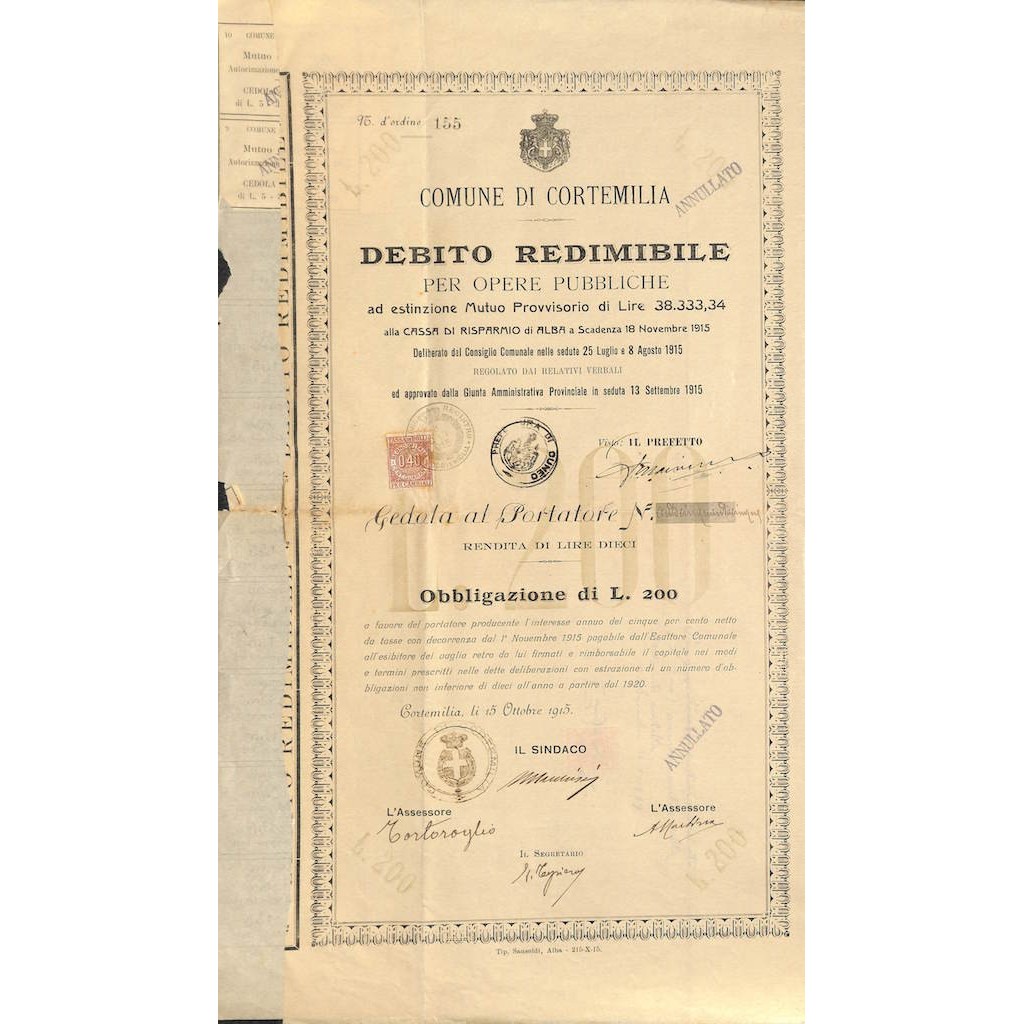 COMUNE DI CORTEMILIA DEBITO REDIMIBILE 1 OBBLIGAZIONE 1915