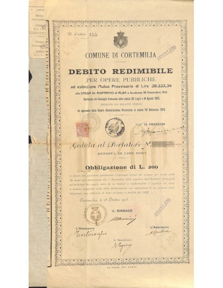 COMUNE DI CORTEMILIA DEBITO REDIMIBILE 1 OBBLIGAZIONE 1915