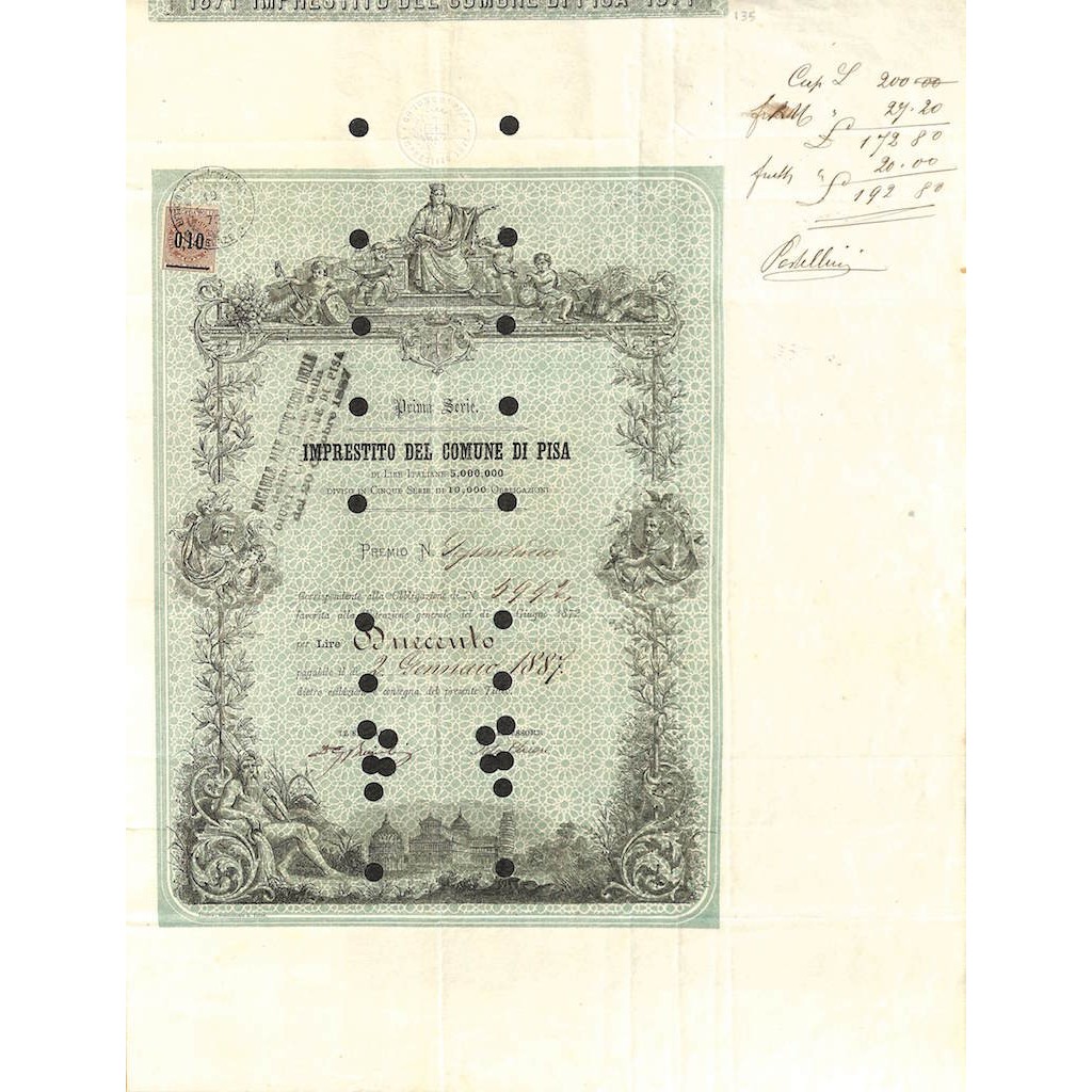 IMPRESTITO DEL COMUNE DI PISA - UNA OBBLIGAZIONE 1872