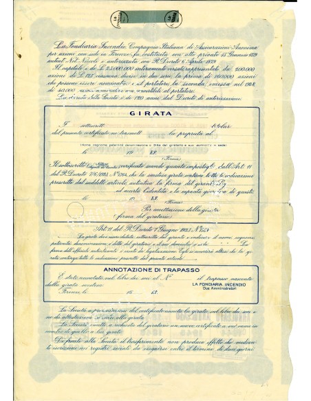 1942 - LA FONDIARIA INCENDIO COMPAGNIA ITALIANA DI ASSICURAZIONI 20 AZIONI  - FIRENZE