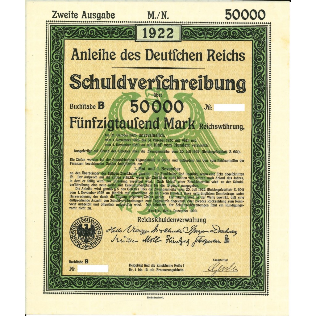 1922 - GERMAN ANLEIHE DES DEUTSCHEN REICHS 50.000 RM