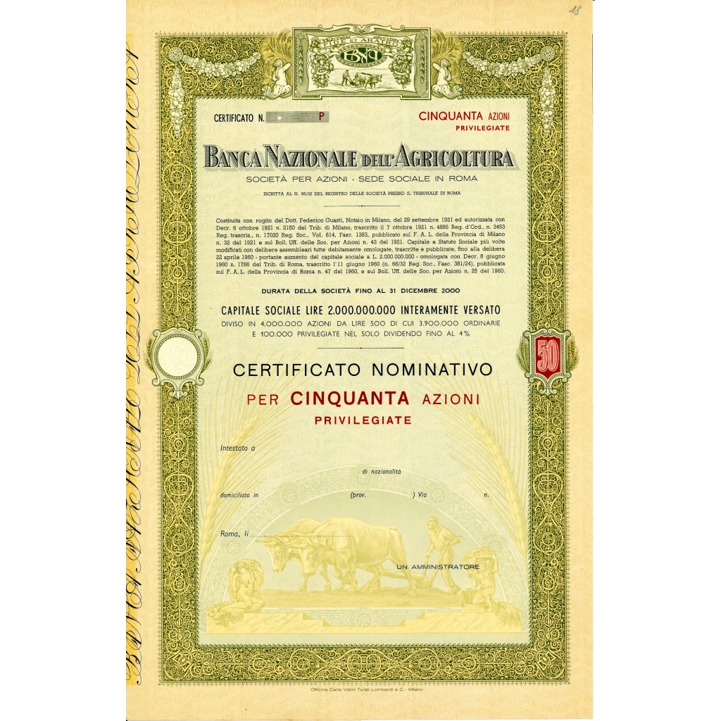 1921 - BANCA NAZIONALE DELL AGRICOLTURA - 50...