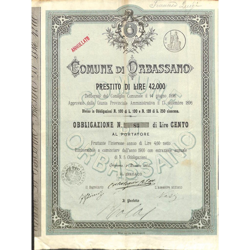 COMUNE DI ORBASSANO - 1 OBBLIGAZIONE 1896
