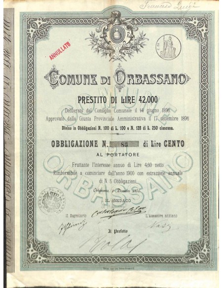 COMUNE DI ORBASSANO - 1 OBBLIGAZIONE 1896