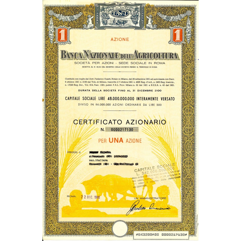 1980 - BANCA NAZIONALE DELL AGRICOLTURA - 1...