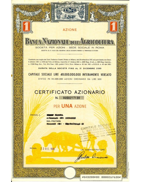 1980 - BANCA NAZIONALE DELL AGRICOLTURA - 1 AZIONI ORDINARIA - ROMA