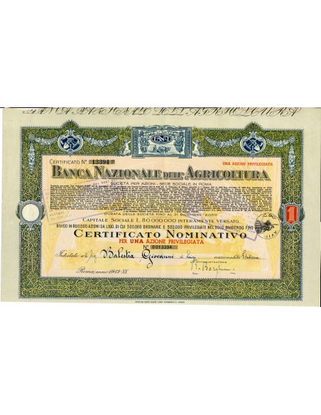 1942 - BANCA NAZIONALE DELL AGRICOLTURA - 1 AZIONI PRIVILEGIATA - ROMA