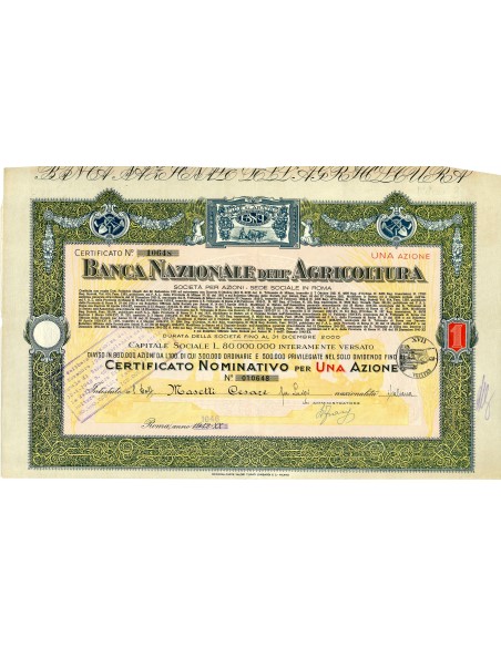 1946 - BANCA NAZIONALE DELL AGRICOLTURA - 1 AZIONI NOMINATIVA - ROMA