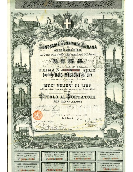 1871 - COMPAGNIA FONDIARIA ROMANA - PRIMA SERIE 10 AZIONI - ROMA
