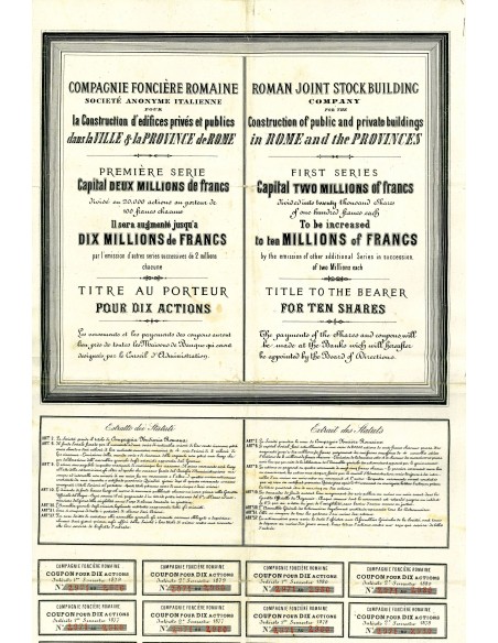 1871 - COMPAGNIA FONDIARIA ROMANA - PRIMA SERIE 10 AZIONI - ROMA