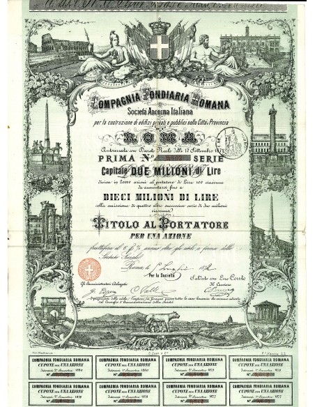 1872 - COMPAGNIA FONDIARIA ROMANA - PRIMA SERIE 1 AZIONE - ROMA