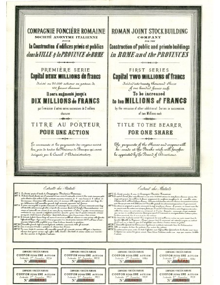 1872 - COMPAGNIA FONDIARIA ROMANA - PRIMA SERIE 1 AZIONE - ROMA