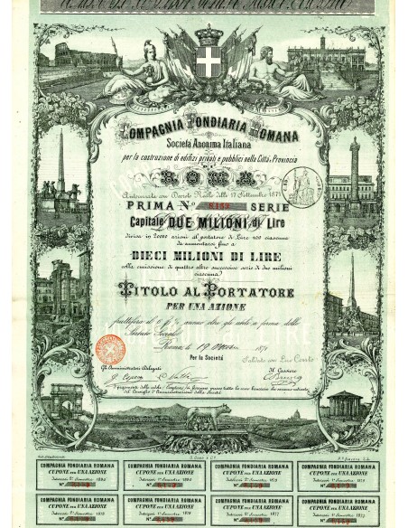 1871 - COMPAGNIA FONDIARIA ROMANA - PRIMA SERIE 1 AZIONE - ROMA