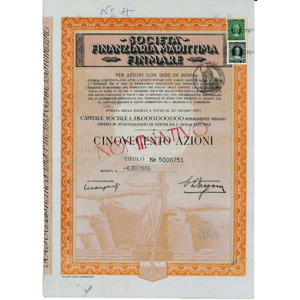 1955 - SOC. FINANZIARIA MARITTIMA FINMARE 500...