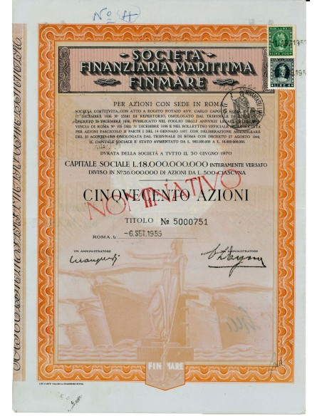 1955 - SOC. FINANZIARIA MARITTIMA FINMARE 500 AZIONI - ROMA
