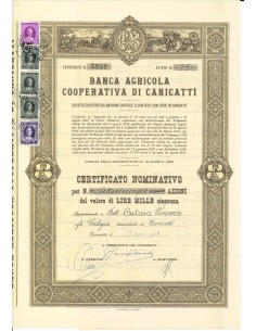 1953 - BANCA AGRICOLA COOP. DI CANICATTI' - 75 AZIONI -...