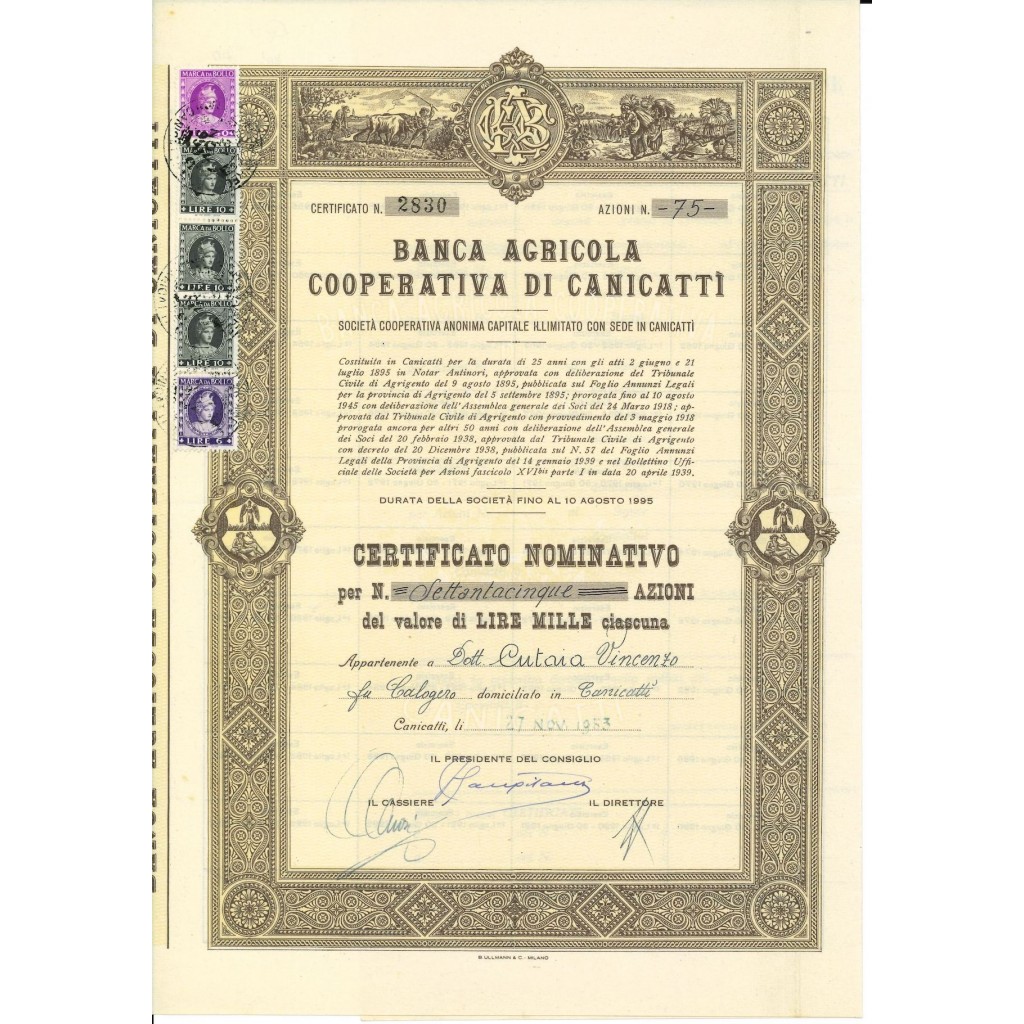 1953 - BANCA AGRICOLA COOP. DI CANICATTI' - 75...