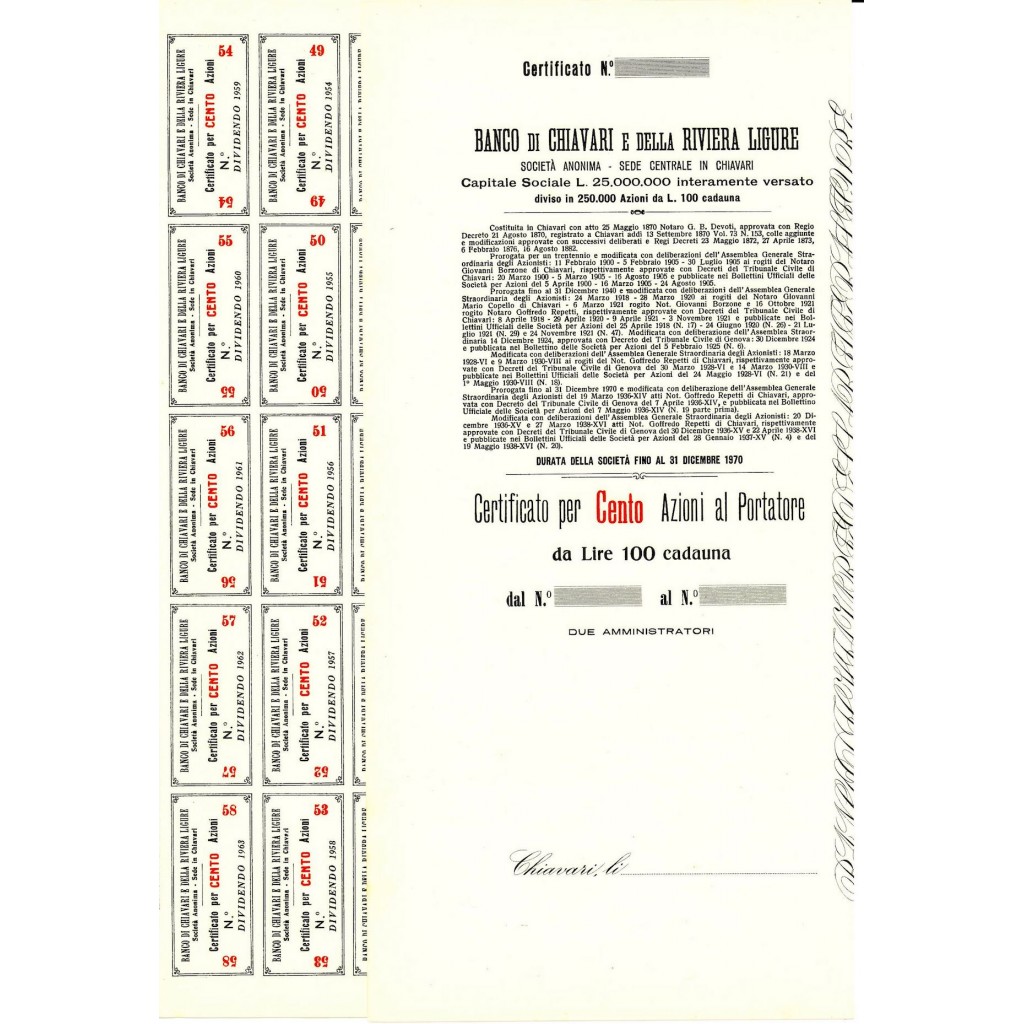 1925 - BANCO DI CHIAVARI E DELLA RIVIERA LIGURE...