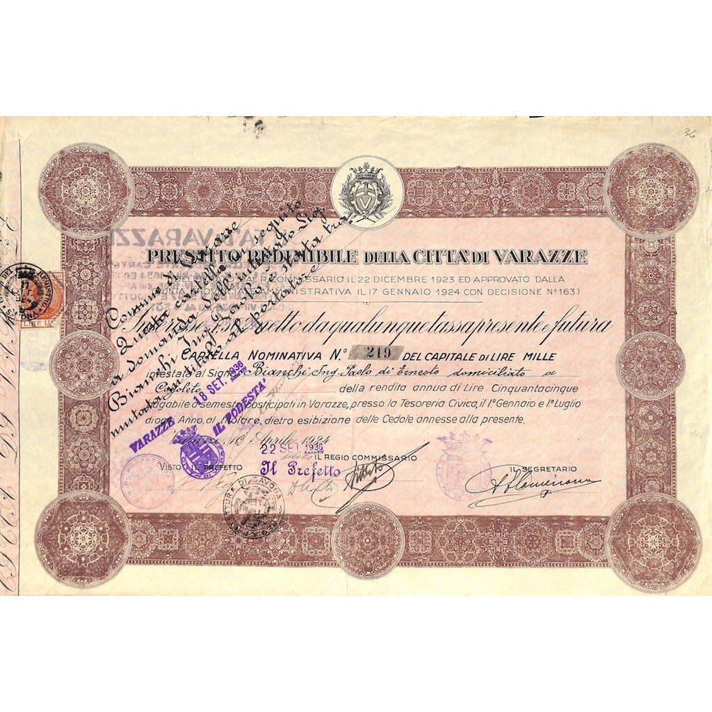 PRESTITO REDIMIBILE DELLA CITTA' DI VARAZZE - 1 OBBLIG. 1936