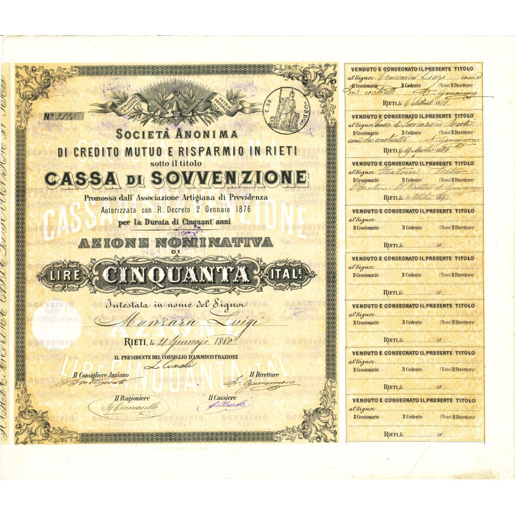 1880 - SOC. ANON. DI CREDITO MUTUO E RISPARMIO...