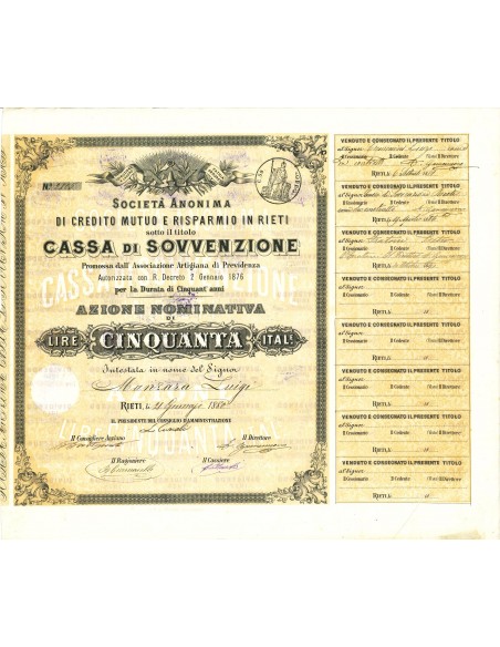 1880 - SOC. ANON. DI CREDITO MUTUO E RISPARMIO IN RIETI CASSA DI SOVVENZIONE 1 AZIONE - RIETI
