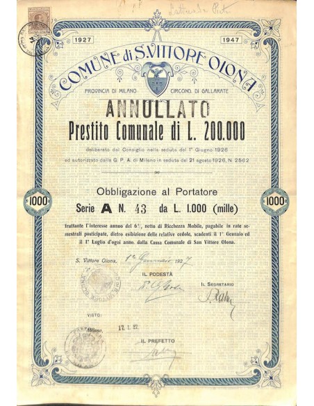 COMUNE DI S. VITTORE OLONA - UNA OBBLIGAZIONE 1927