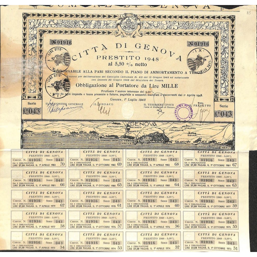 CITTA' DI GENOVA - 1 OBBLIGAZIONE 1948