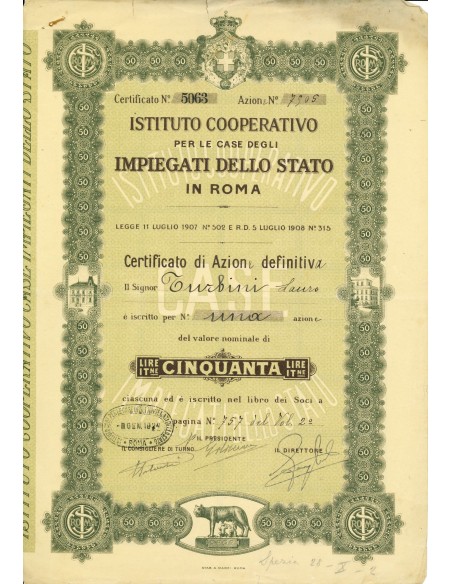 1924 - ISTITUTO COOP. PER LE CASE DEGLI IMPIEGATI DELLO STATO 1 AZIONE - ROMA