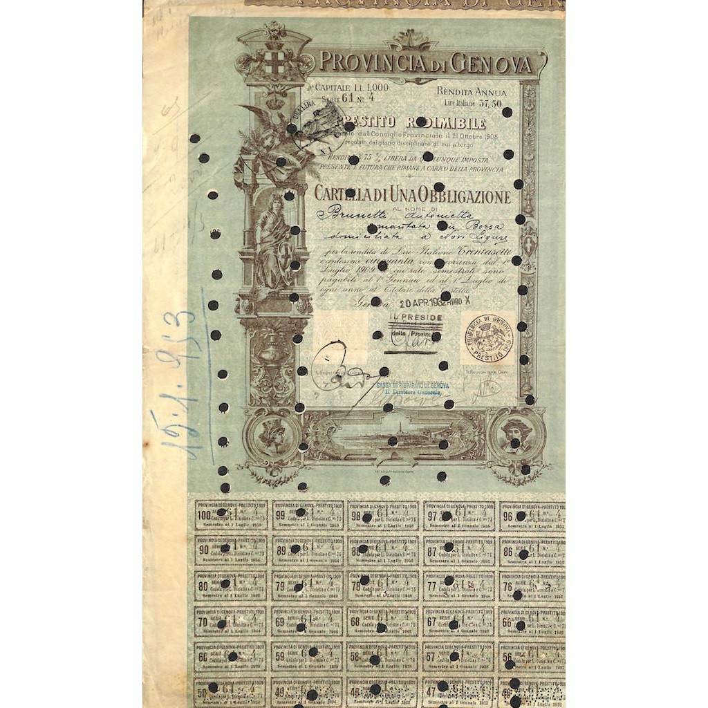 PROVINCIA DI GENOVA - UNA OBBLIGAZIONE 3,75%- 1932