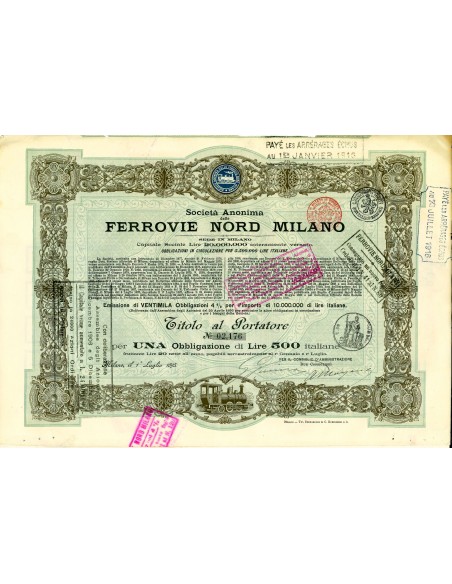 1895 - FERROVIE NORD MILANO S.A. - 1 OBBLIGAZIONE  Lire 500 - MILANO