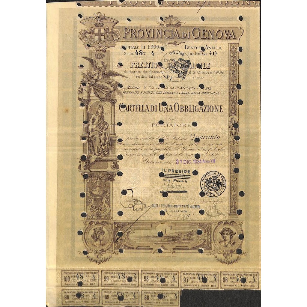 PROVINCIA DI GENOVA - UNA OBBLIGAZIONE 4% - 1934