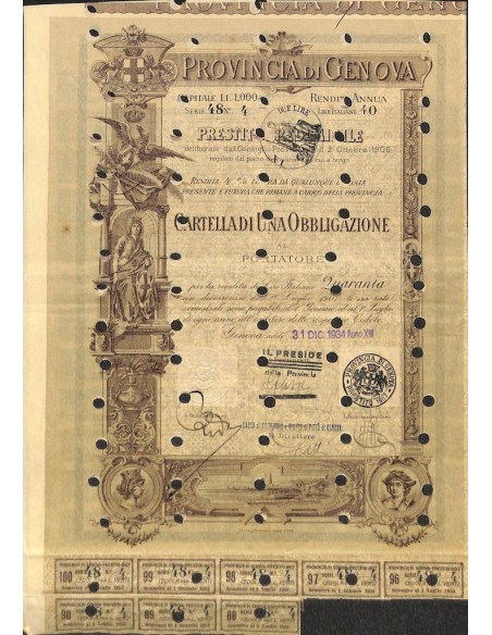 PROVINCIA DI GENOVA - UNA OBBLIGAZIONE 4% - 1934