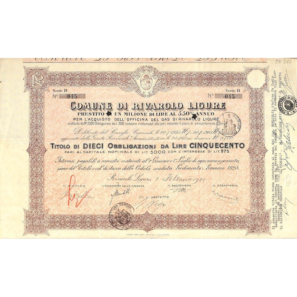 COMUNE DI RIVAROLO LIGURE - 10 OBBLIGAZIONI - 1925